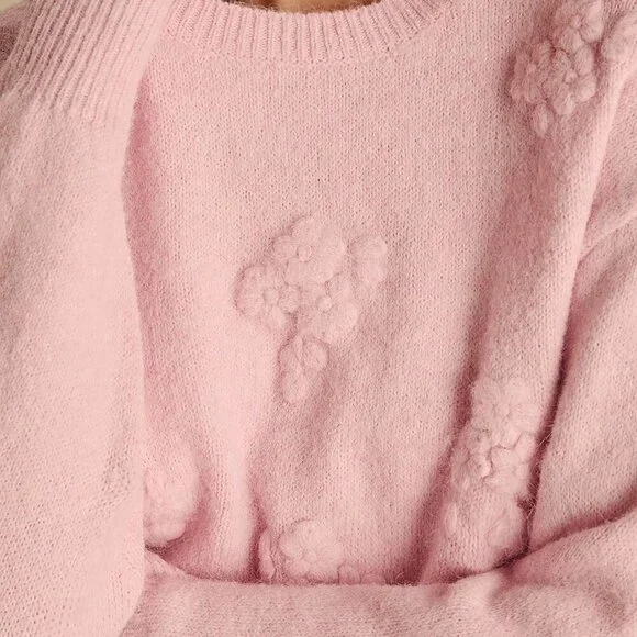 Pink Romantic Women's Pastel 3D Flowers Embroidered Long Sleeve Cute Sweater - Picture 8 of 8